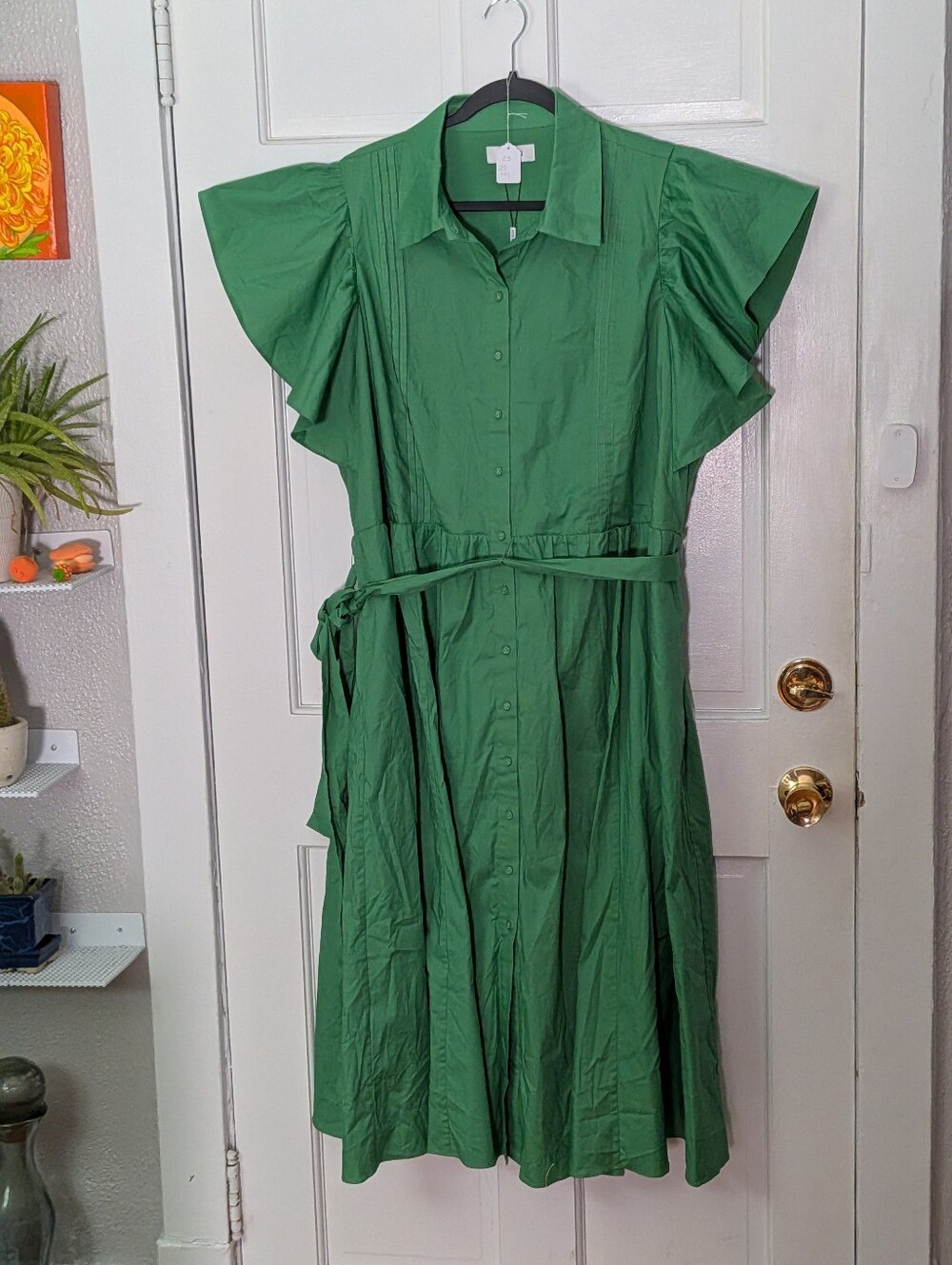 Jason Wu Woman Green Flutter Sleeve Midi Shirt Dress Belted 2X - Picture 2 of 8